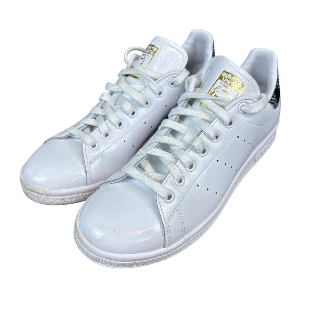 Adidas Stan Smith Womens 9.5 White Patent Leather Snakeskin Gold Sneakers FV3422